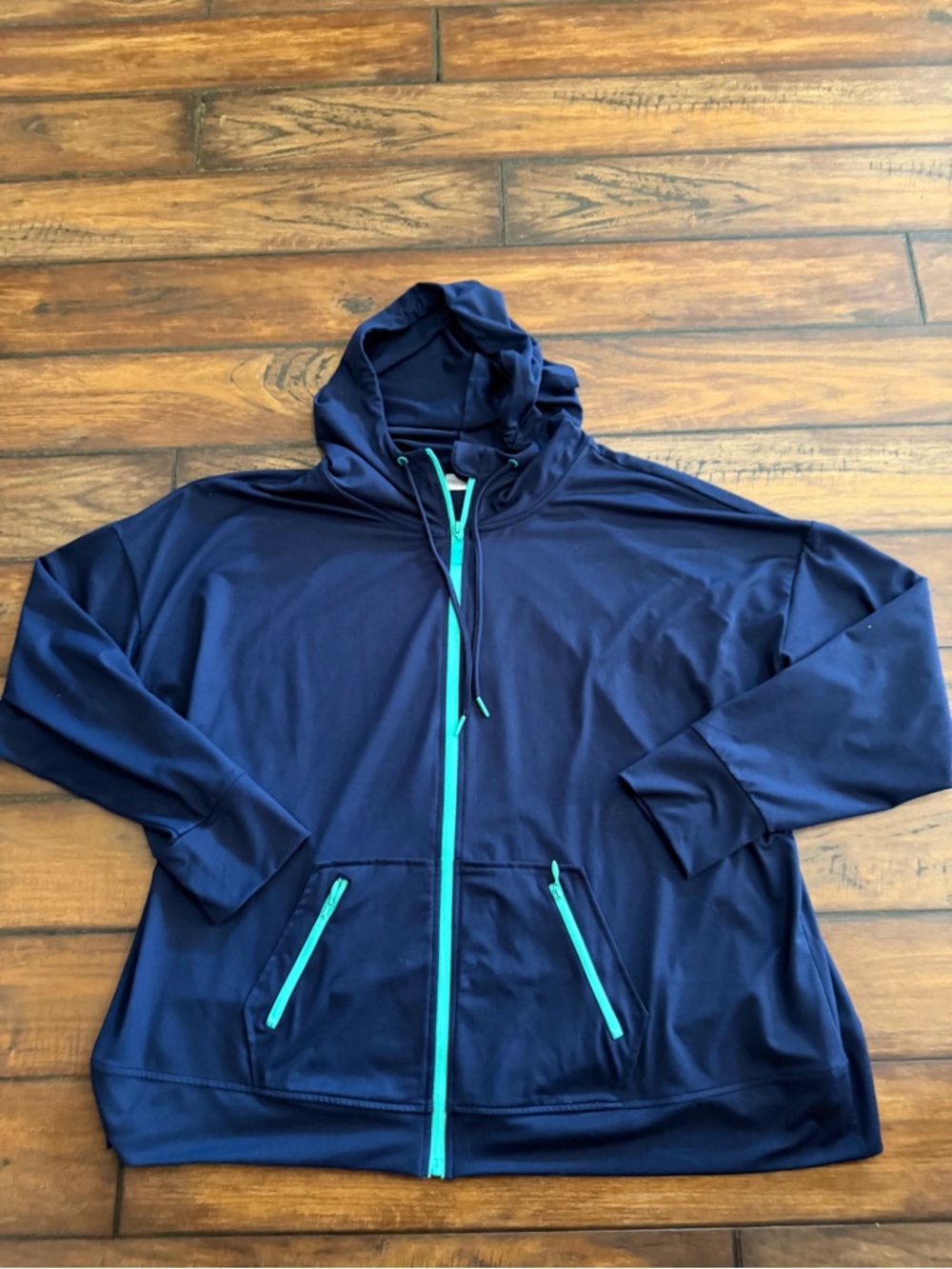 Belle by Kim Gravel Like New Navy Hooded Jacket with Teal Accents & Zip Pockets